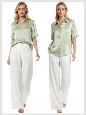 L’AGENCE Ellah Silk Blouse Olive Satin Button Front S